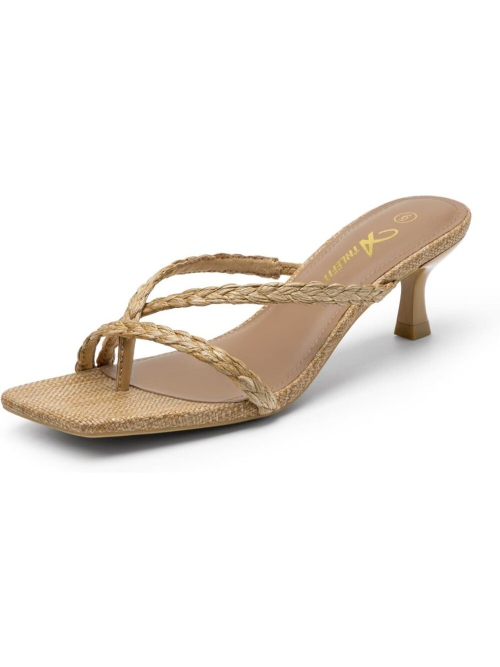 Womens Brown Raffia Square Toe Kitten Low Heel Non Slip Strappy Sandal Cushioned